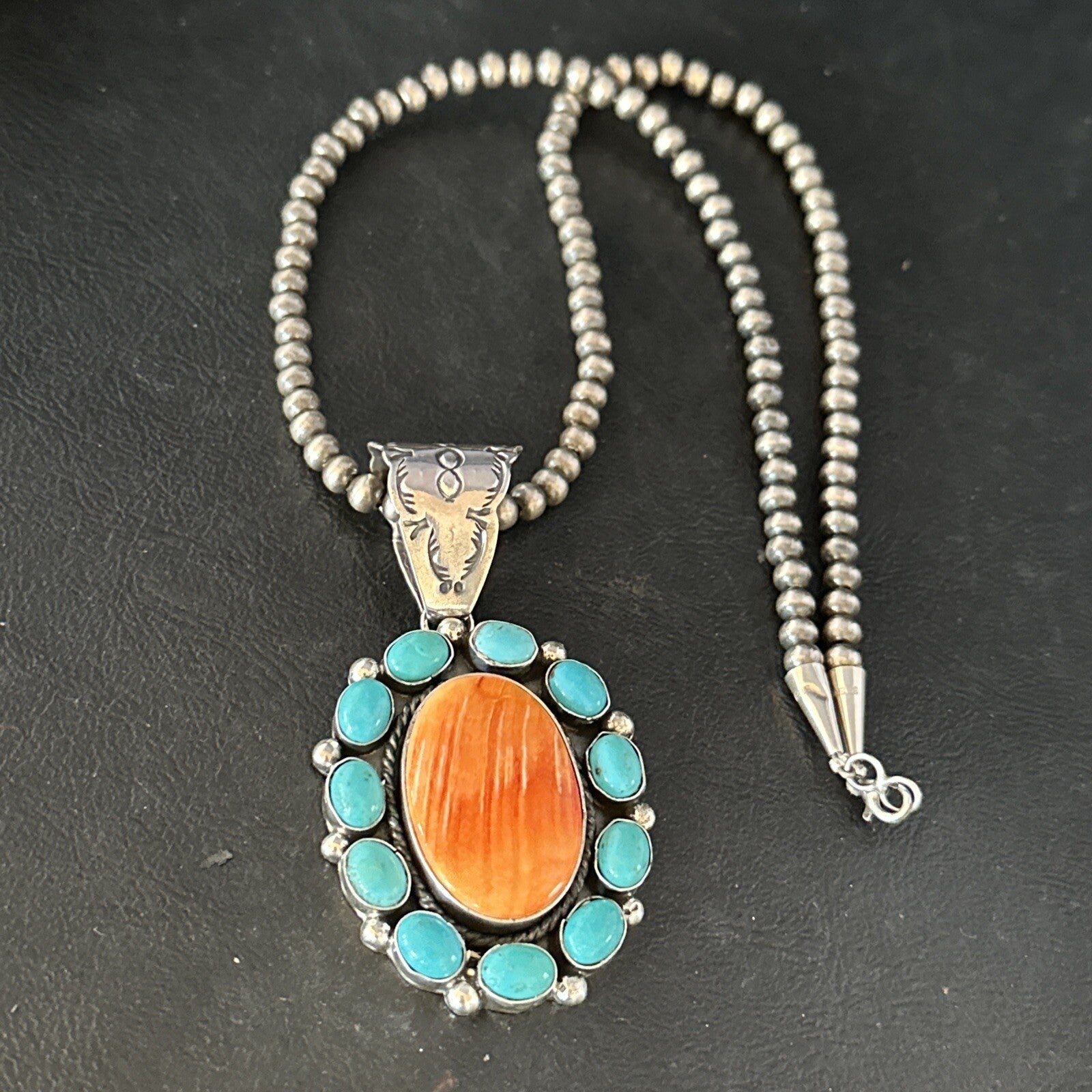 Blue Cluster Kingman Turquoise Sterling Orange Spiny Oyster Pendant 14354