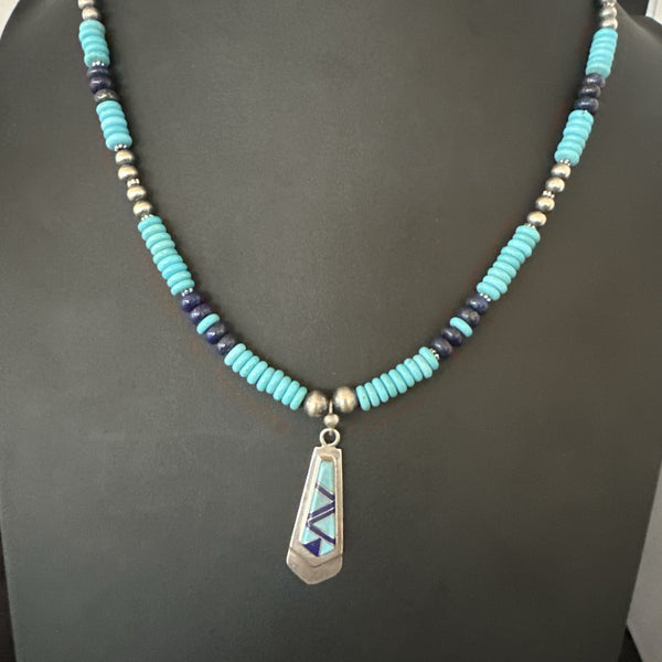 Blue Lapis Turquoise Inlay Pendant Navajo Necklace 20" | Sterling Silver | Authentic Native American Handmade | 19657