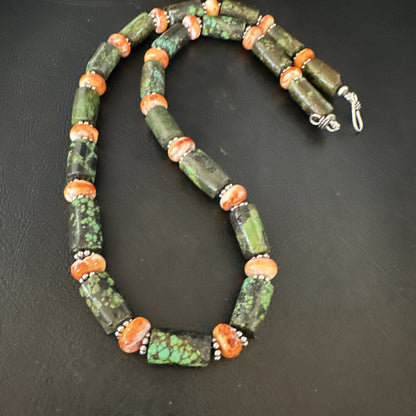 Green Turquoise Spiny Oyster Native Navajo Pearls Sterling Silver Necklace 14985