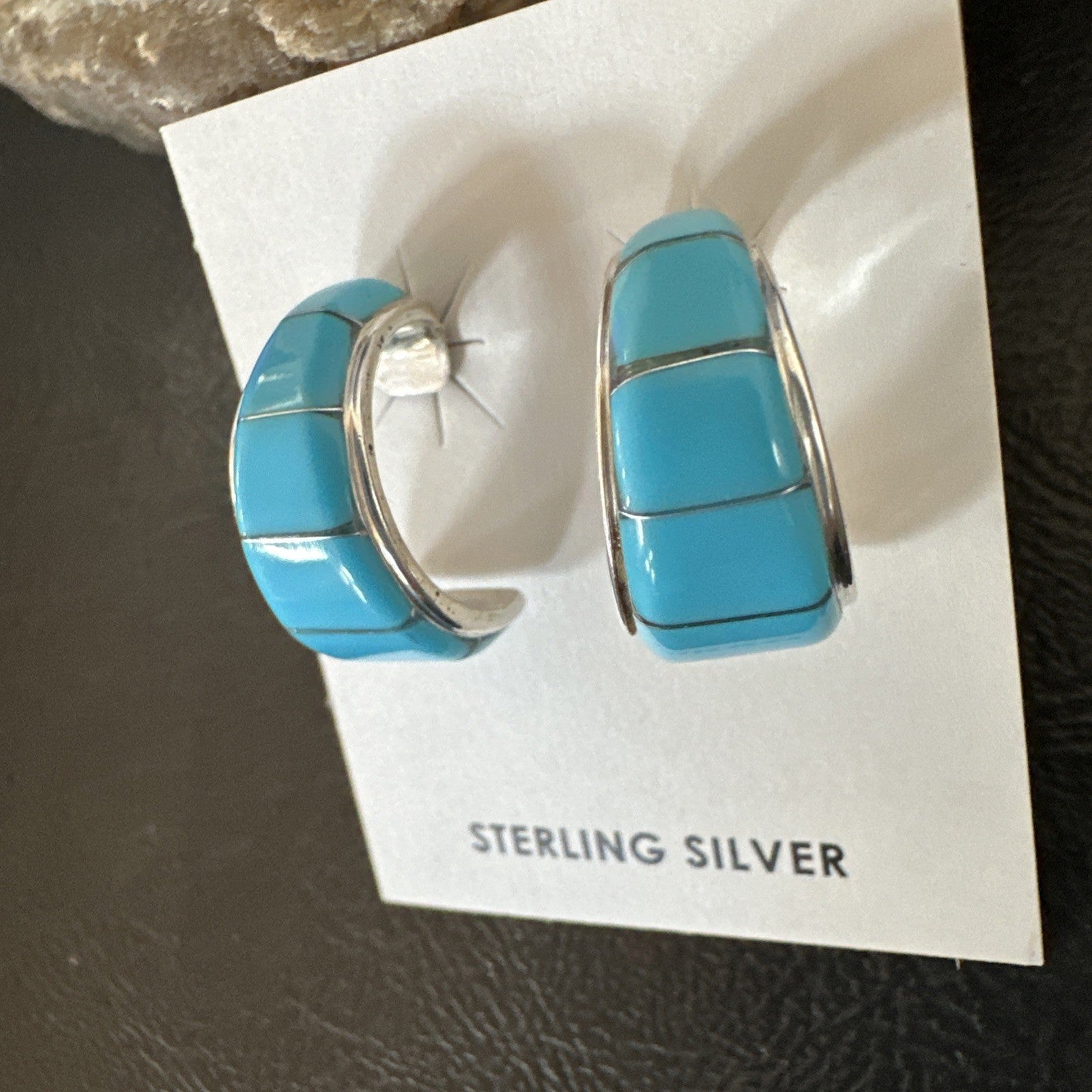 Southwestern Sterling Silver Blue Turquoise Stud Inlay Earrings 1” 19267