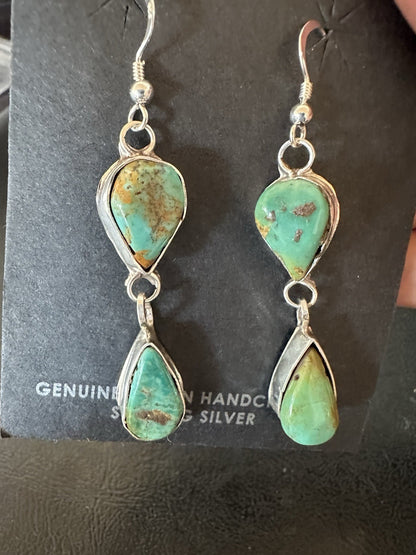 Green Royston Turquoise Navajo Sterling Silver Dangle Earrings 19369