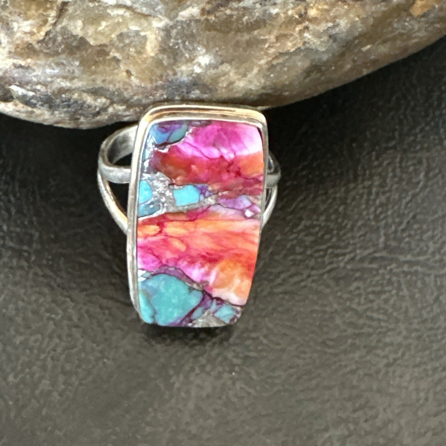 Blue Turquoise Spiny Oyster Navajo Sterling Silver Ring Size 9 18222