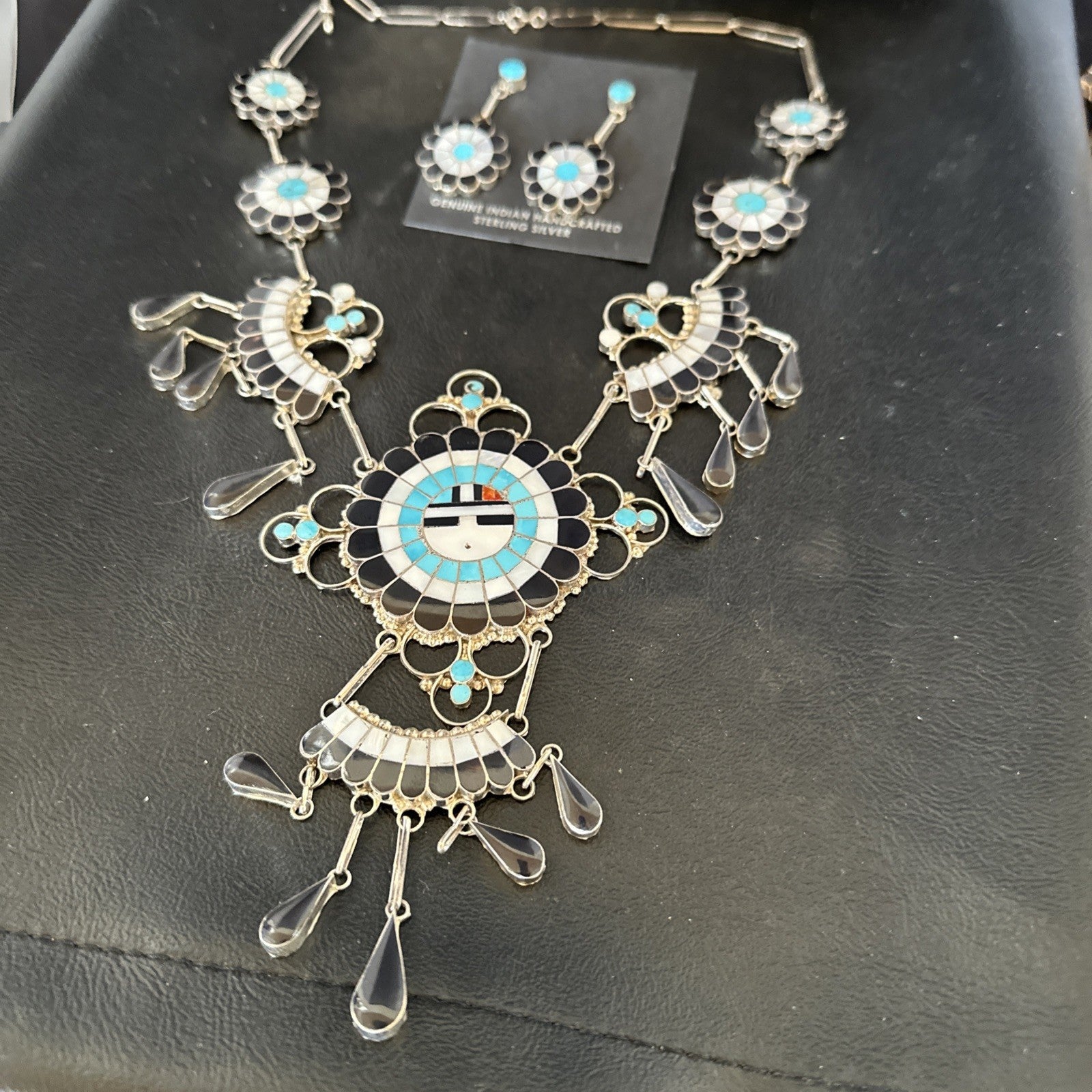 Old Pawn Sunface Turquoise Zuni Sterling Silver Necklace Earrings 19086