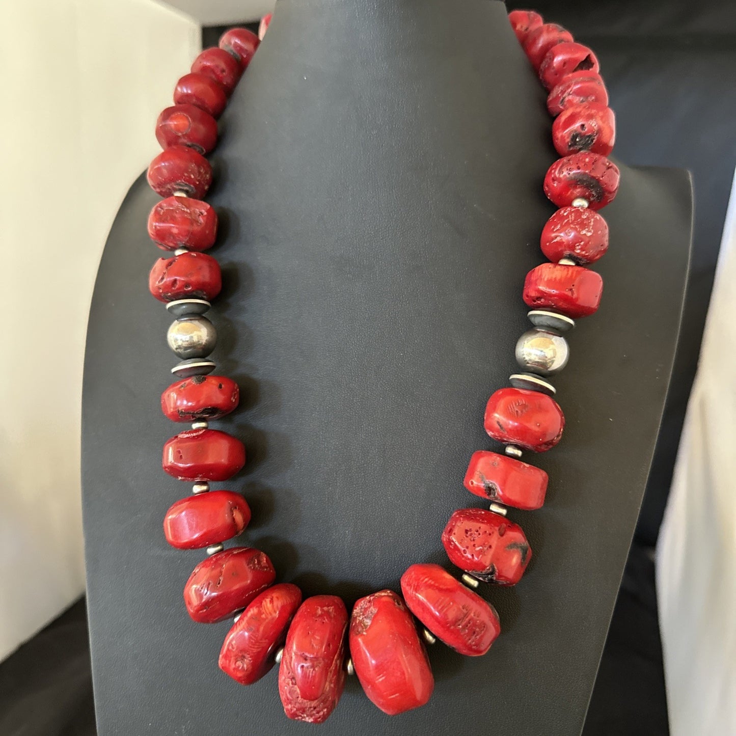 Chunky Navajo Red Bamboo Coral Sterling Silver Bead Necklace 24” Graduated 19530