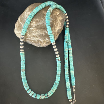 Blue Turquoise 34” Heishi Navajo Pearls Sterling Silver Bead Necklace 17256