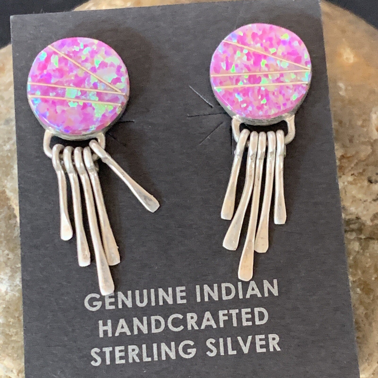 Womens Pink Opal Inlay Navajo Sterling Silver Dangle Post Earrings 1.3" 12758