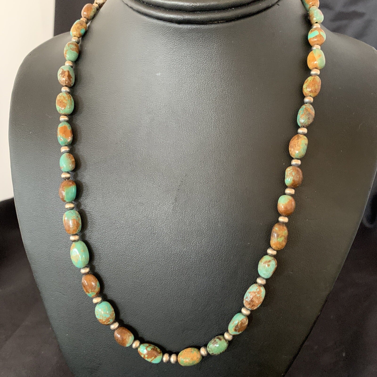 Green Royston Turquoise Bead Navajo Sterling Silver Beads Necklace 11465