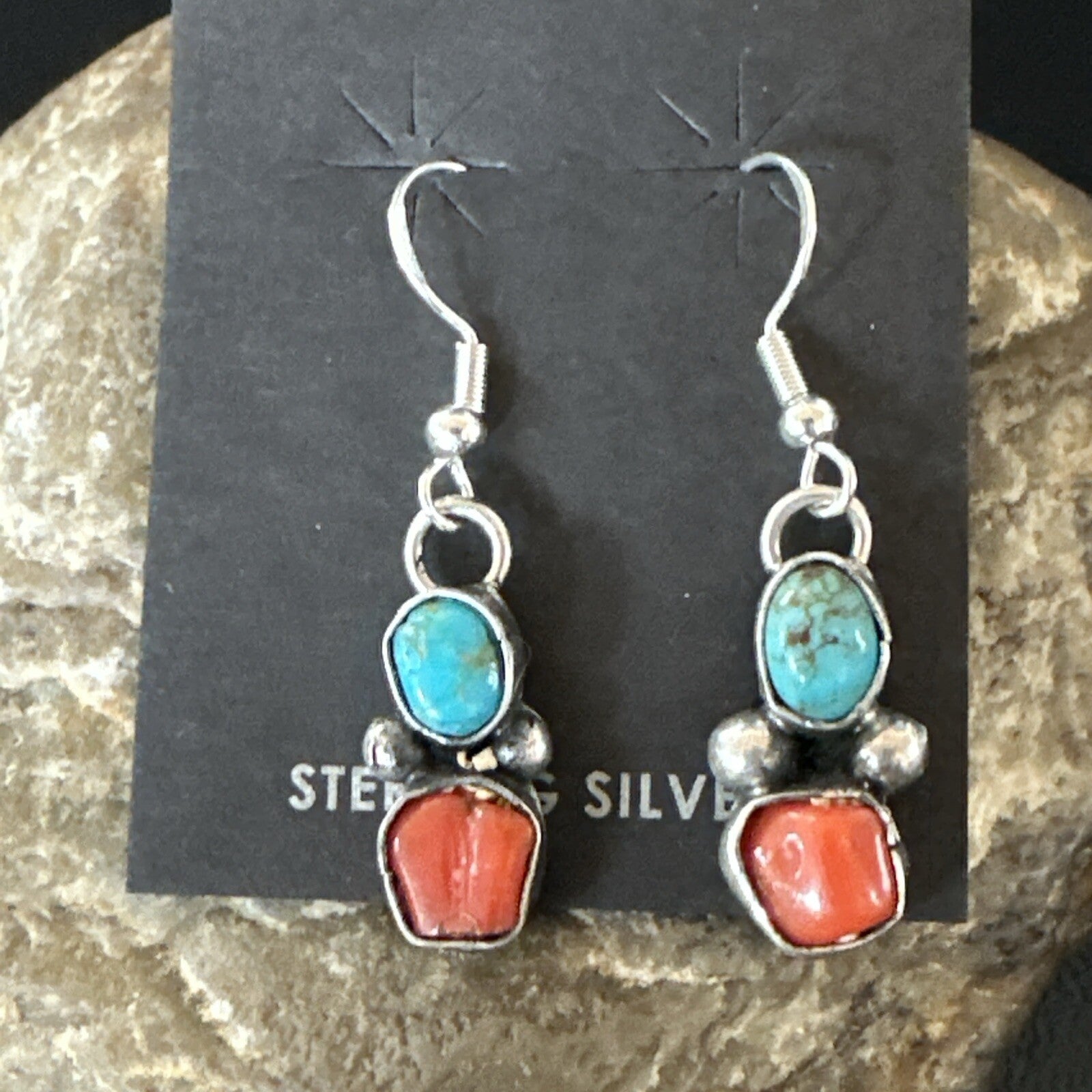 Handmade Blue Turquoise Red Coral Sterling Silver Navajo Dangle Earrings 18840