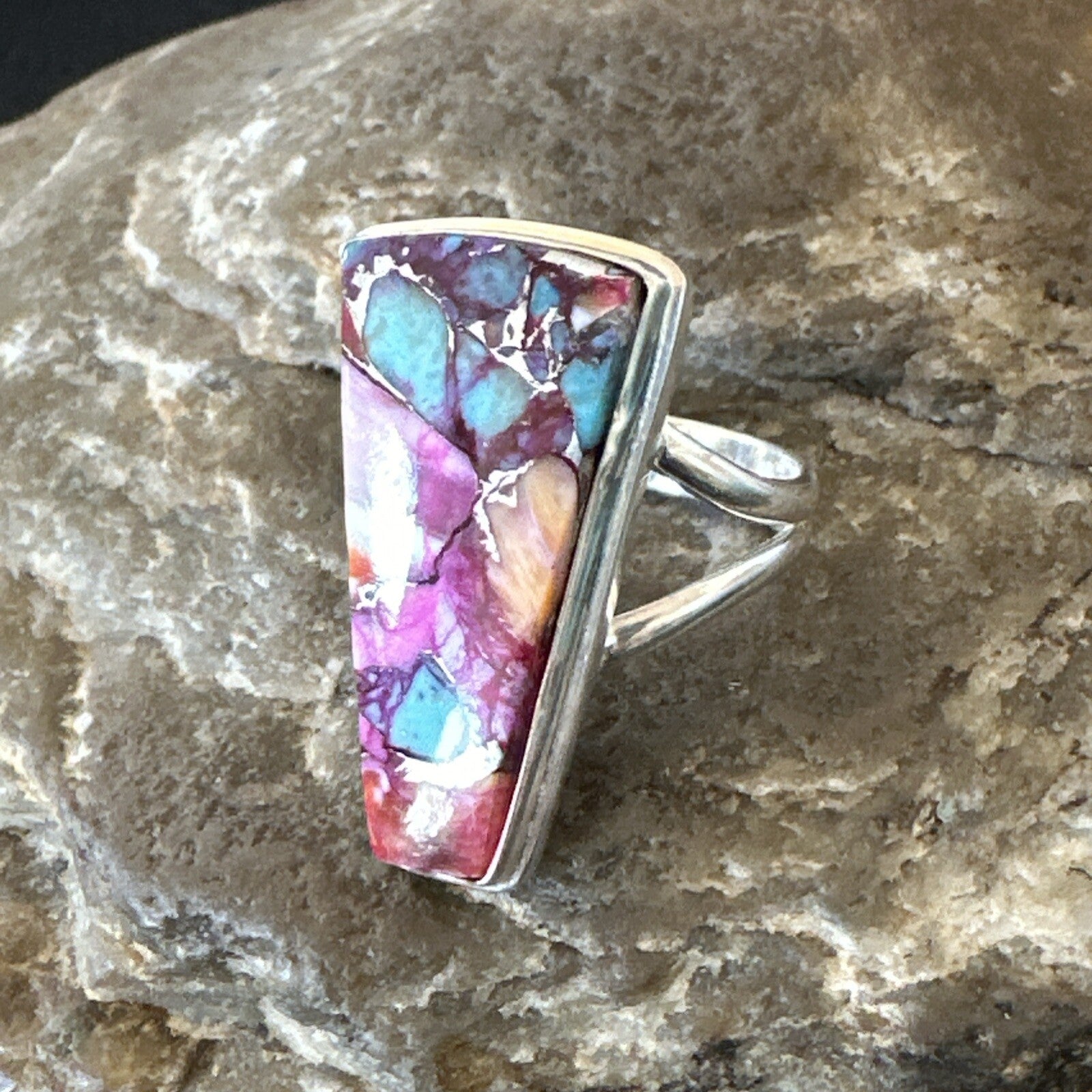 Blue Turquoise Spiny Oyster Southwestern Sterling Silver Ring Size 6 18473