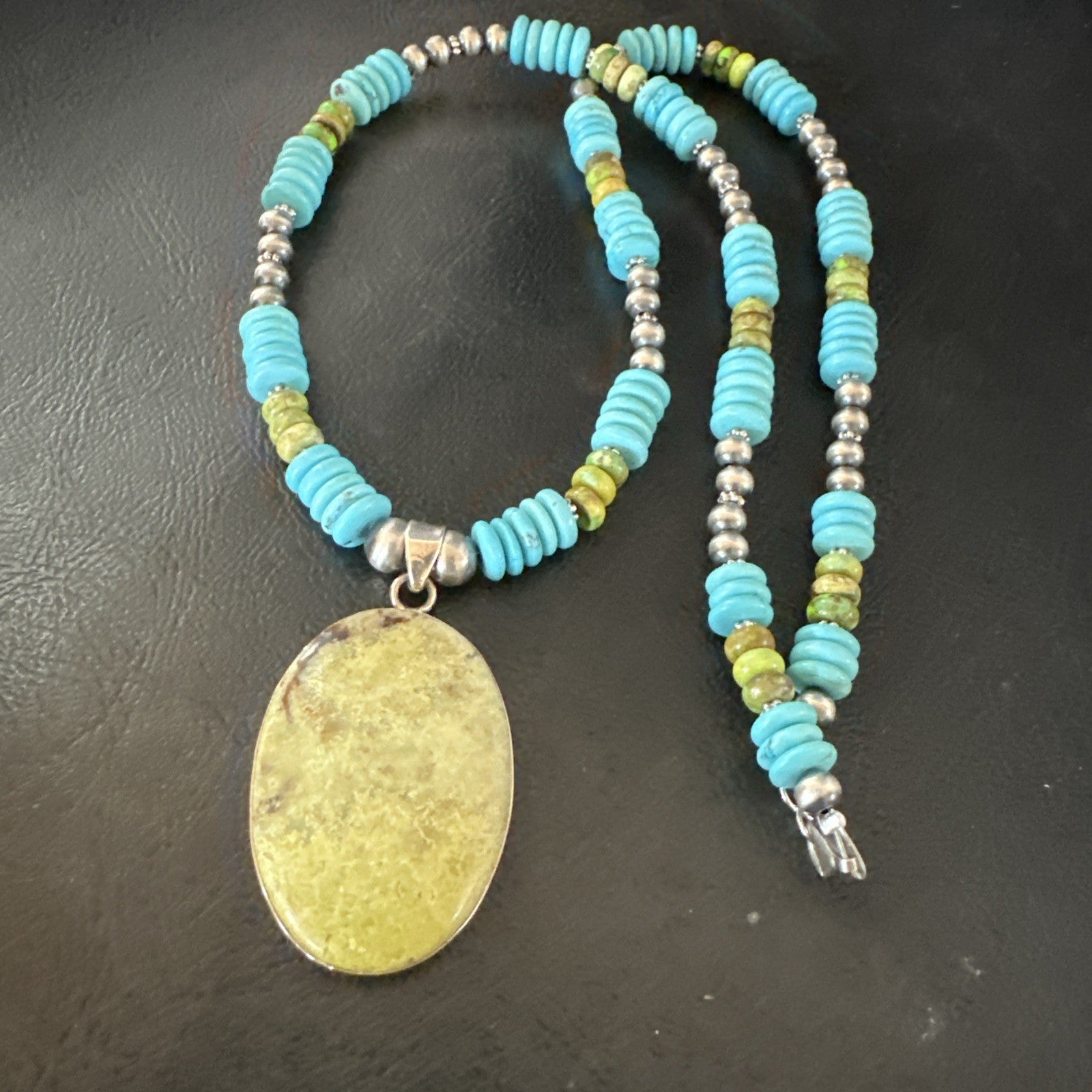 Green Gaspeite Pendant Blue Turquoise Navajo Sterling Silver Necklace 20" 19666