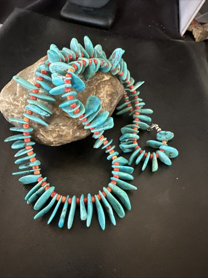 Large Blue Turquoise Red Spiny Navajo Pearls Sterling Silver Necklace 21" 19319