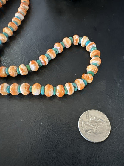 Orange Spiny Oyster Turquoise Navajo Sterling Silver Beads 22” Necklace 19164