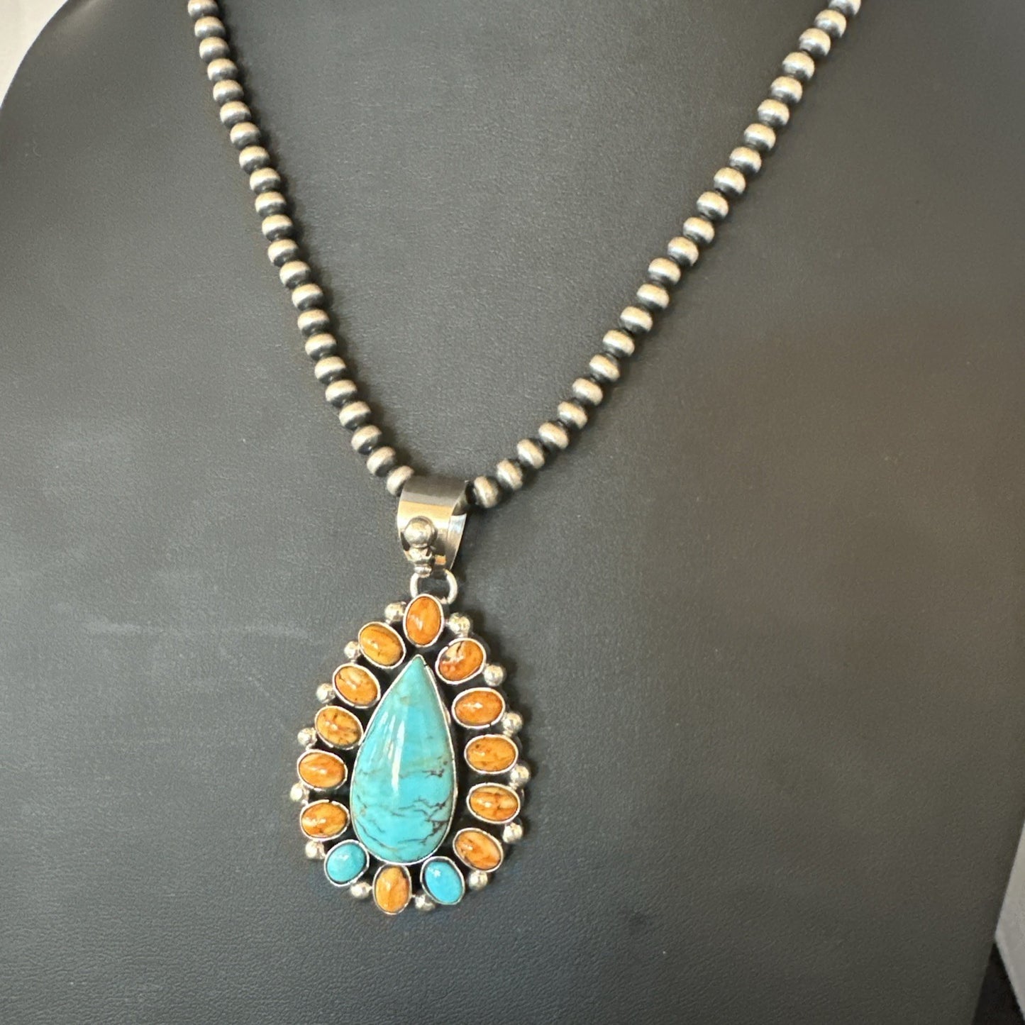Multicolor Turquoise Spiny Navajo Sterling Silver Cluster Pendant Necklace 19559