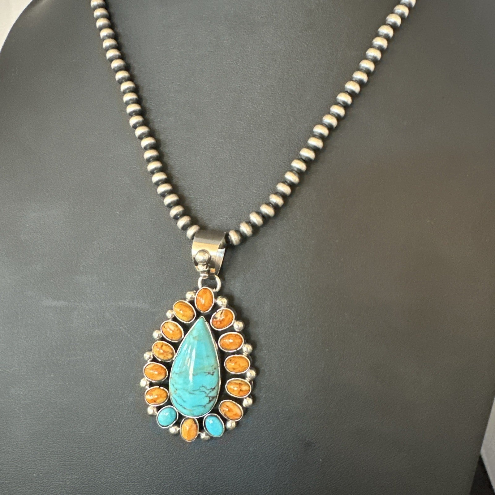 Multicolor Turquoise Spiny Navajo Sterling Silver Cluster Pendant Necklace 19559