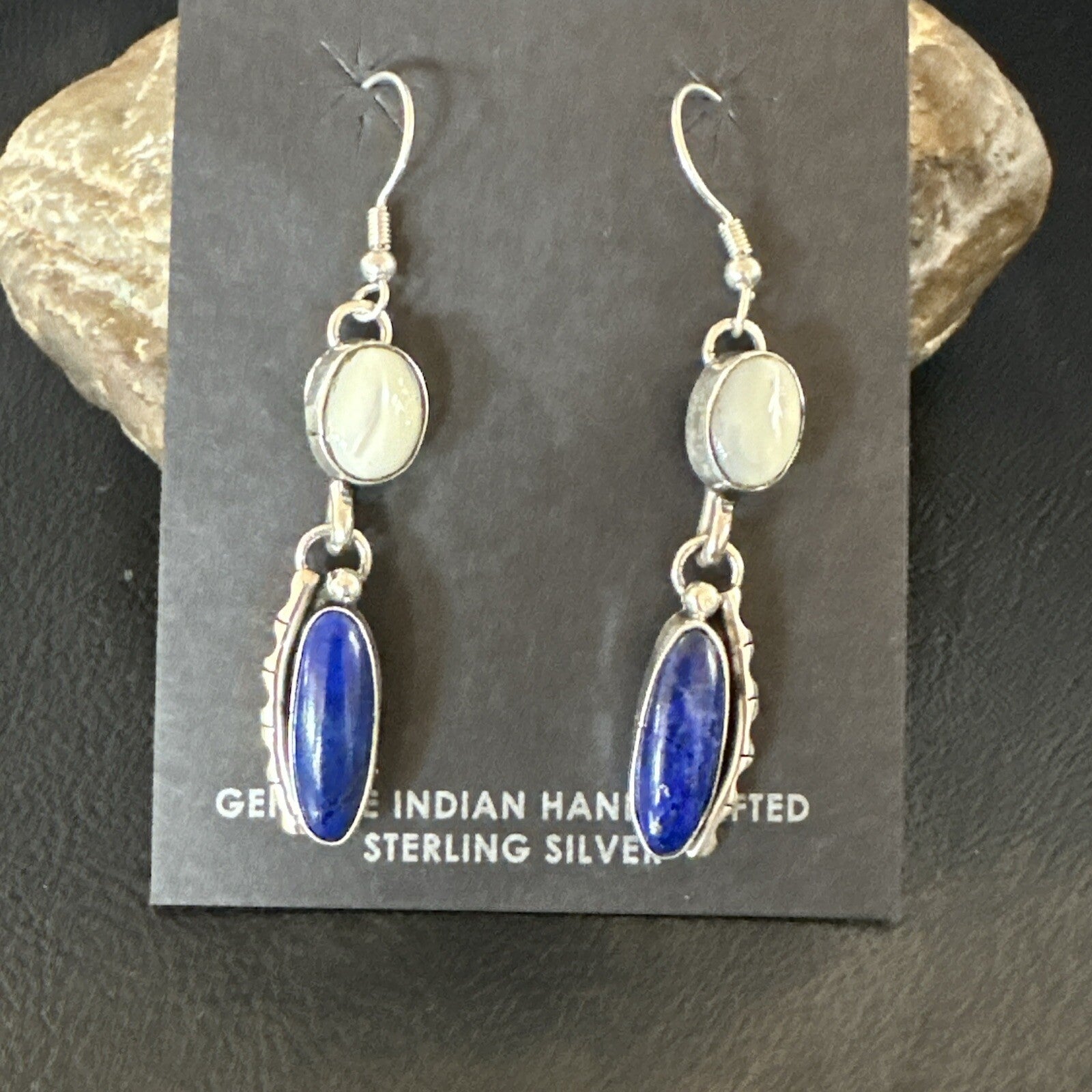 Navajo White MOP Blue Lapis Sterling Silver Dangle Earrings 18183