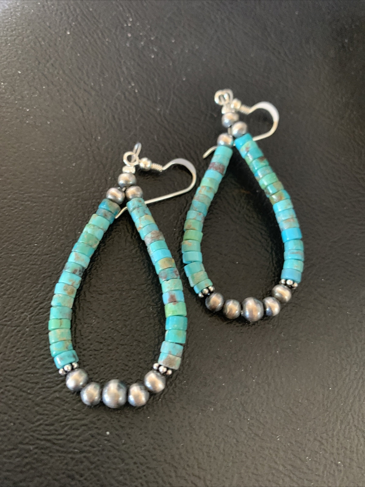 Blue Turquoise Heishi Sterling Silver Navajo Beads Earrings 2" 13043