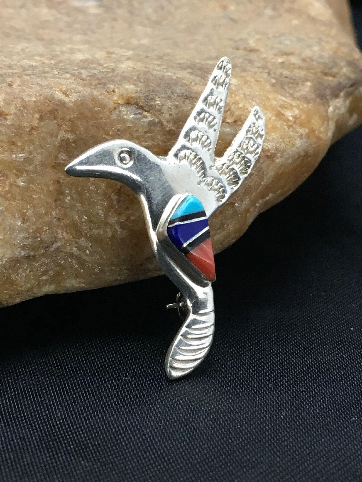 Turquoise Lapis & Coral Hummingbird Inlay Pin Navajo Sterling Silver 02900