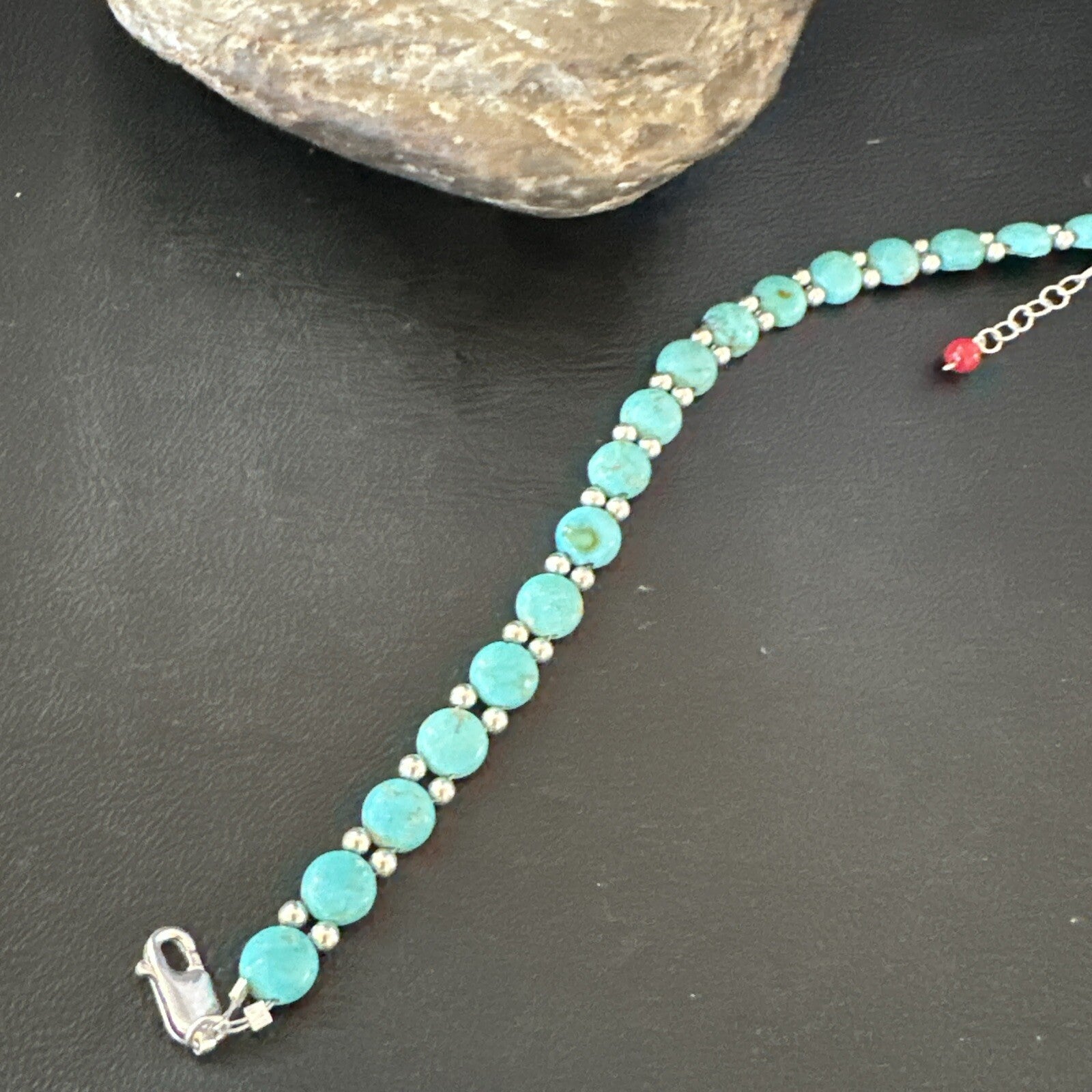 Womens Blue Turquoise Bead Southwestern Sterling Silver Link Bracelet 8" 17976