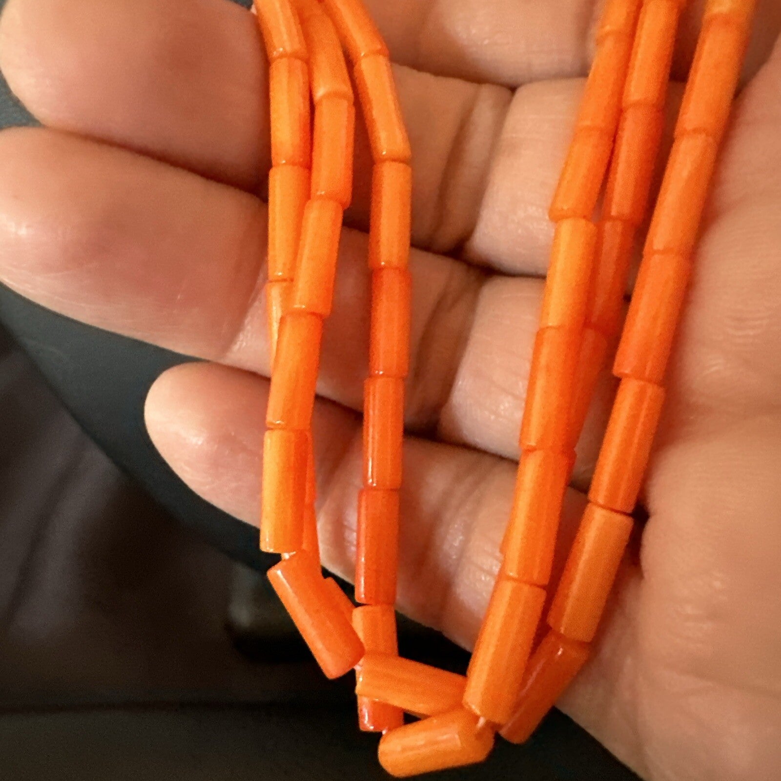 Native American Orange Coral Tubes Sterling Silver 3 Strand Necklace 21" 17821
