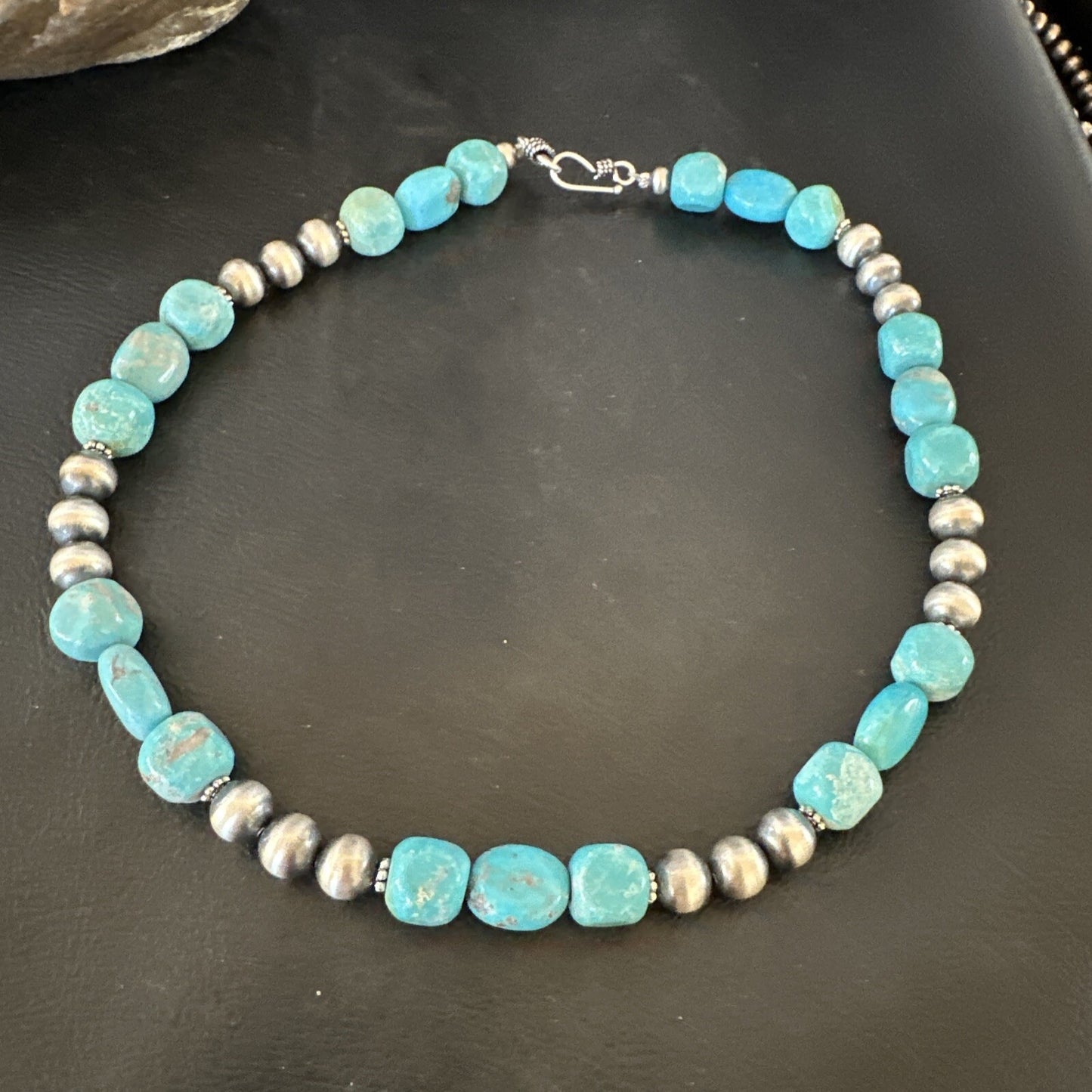 WoMens Blue Turquoise Nugget Navajo Pearls Sterling Silver Necklace 93416