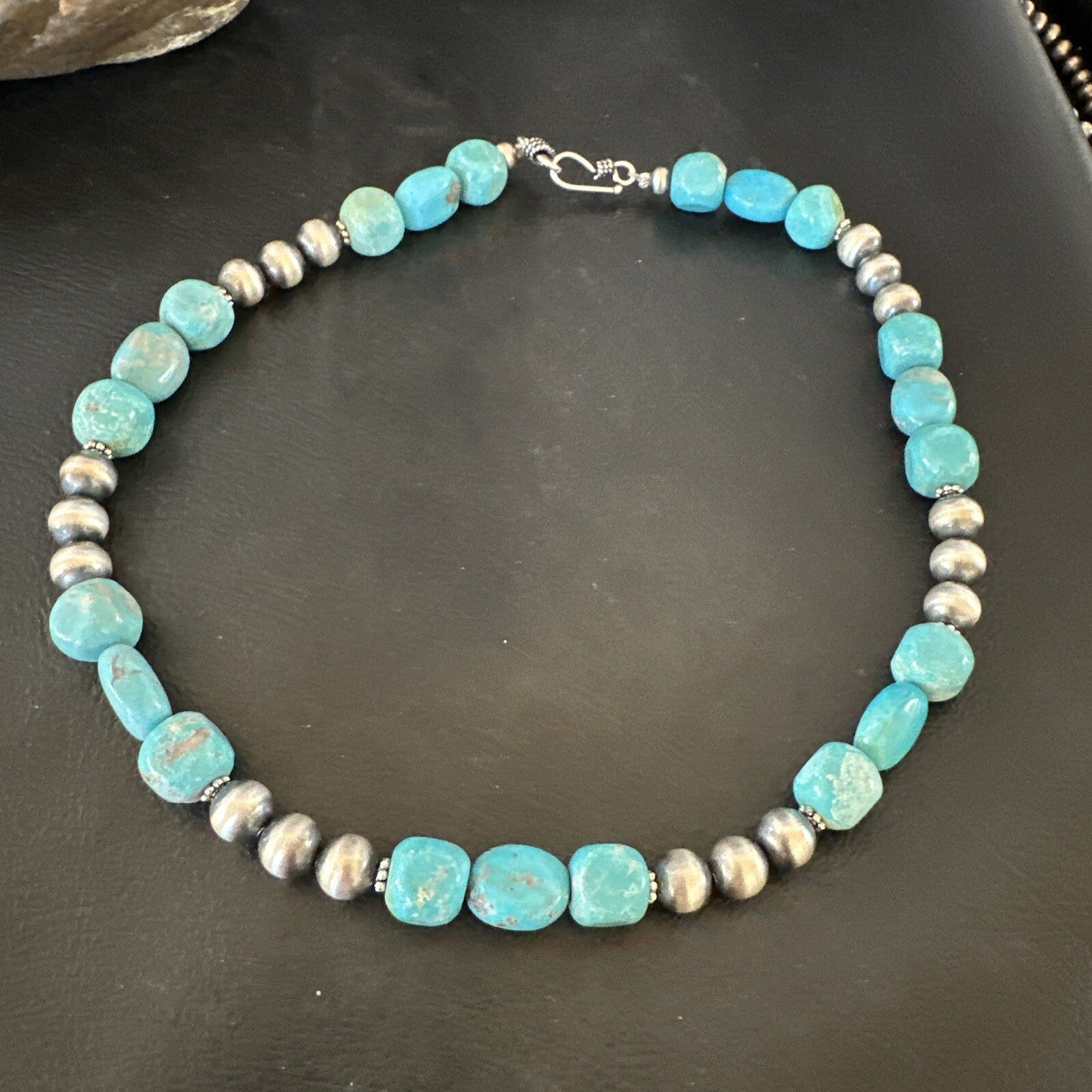 WoMens Blue Turquoise Nugget Navajo Pearls Sterling Silver Necklace 93416