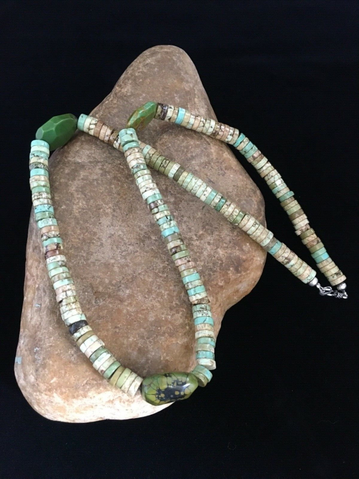 Mens Green Turquoise Chunky Navajo Sterling Silver Heishi Necklace 22" 1781