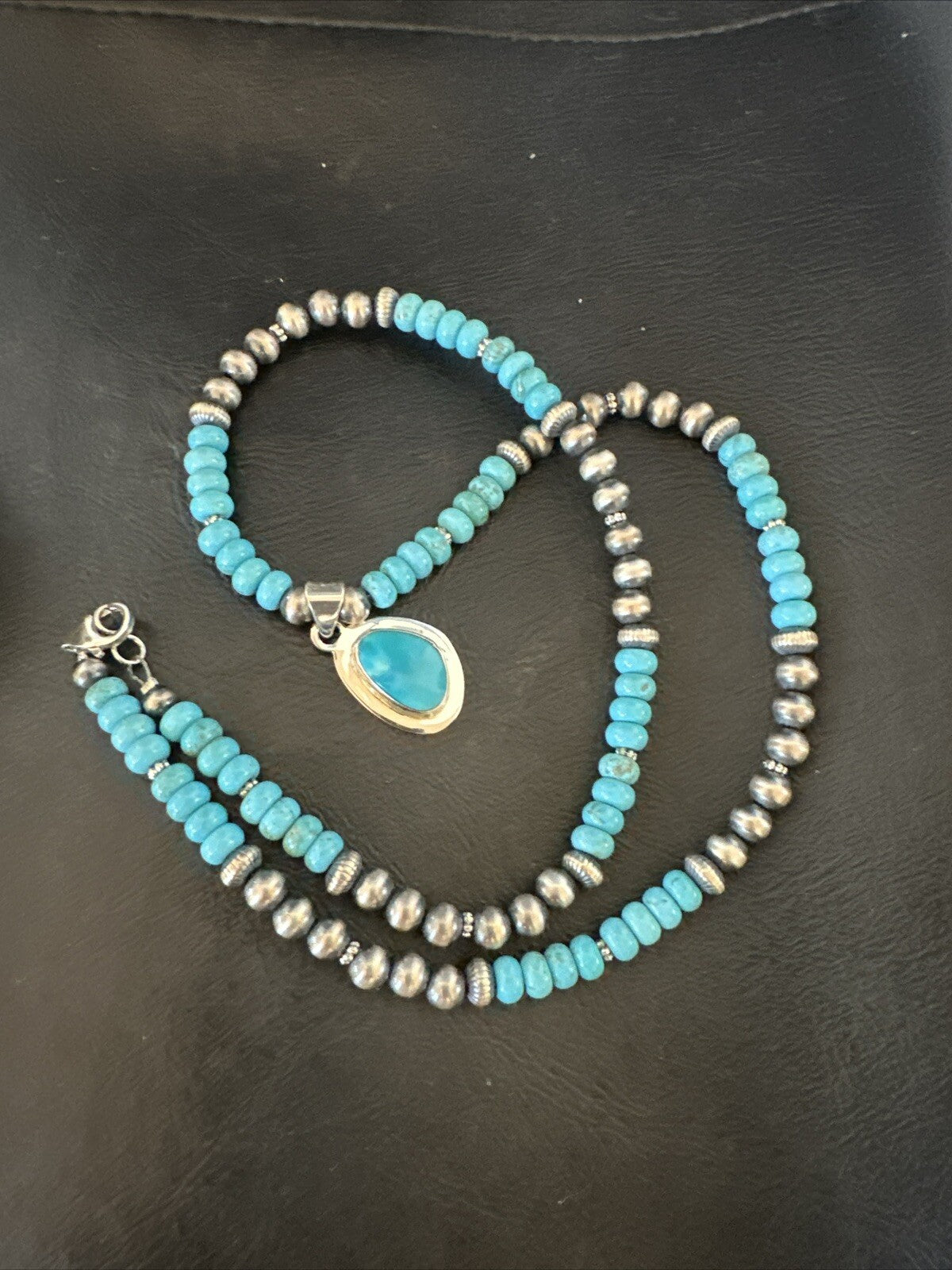 Mens Blue Kingman Turquoise Pendant Navajo Sterling Silver Necklace 21" 18382