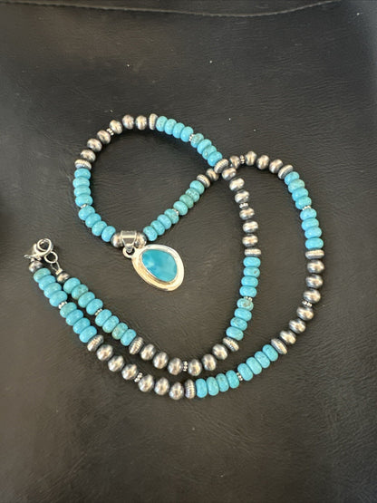 Mens Blue Kingman Turquoise Pendant Navajo Sterling Silver Necklace 21" 18382