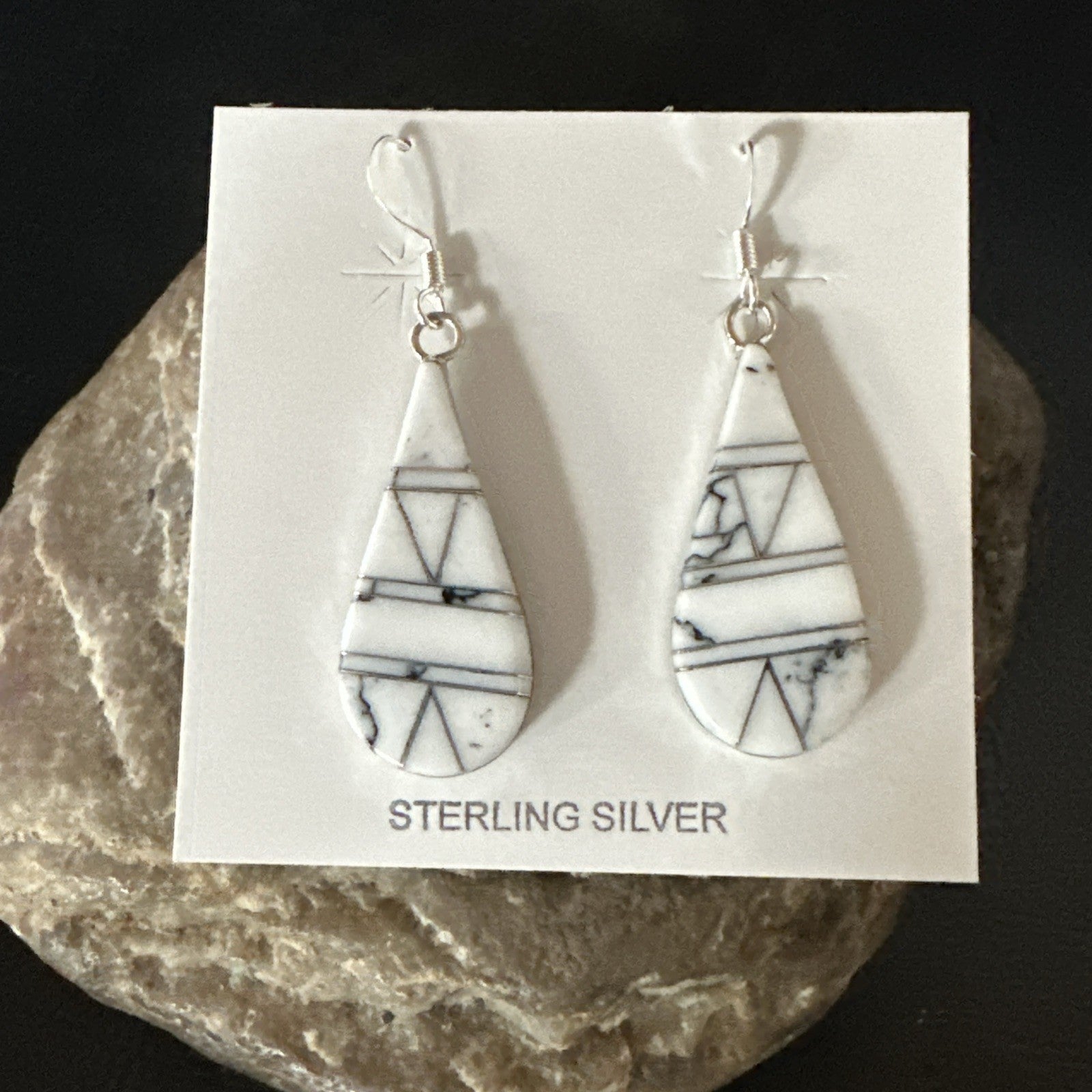 White Howlite Dangle Inlay Navajo Sterling Silver Earrings 19264