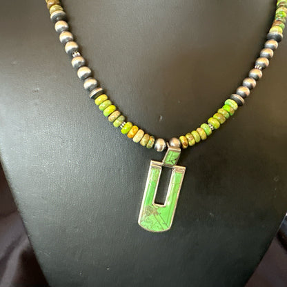Womens Green Gaspeite Turquoise Pendant Navajo Sterling Silver Necklace 18367