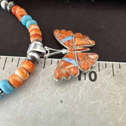 Butterfly Orange Spiny Turquoise Opal Sterling Silver  Necklace Pendant 18677