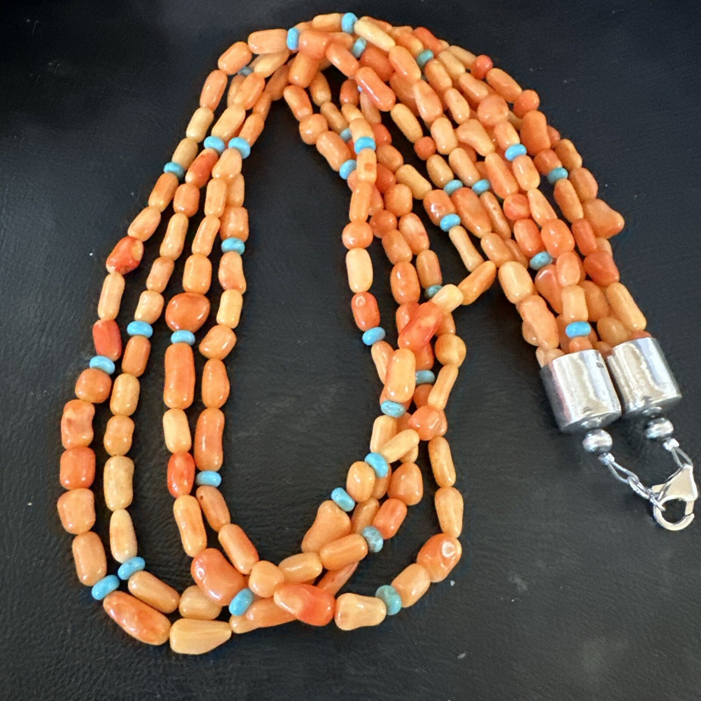 Native Turquoise Orange Coral Sterling Silver 4 Strand Necklace 21" 17820