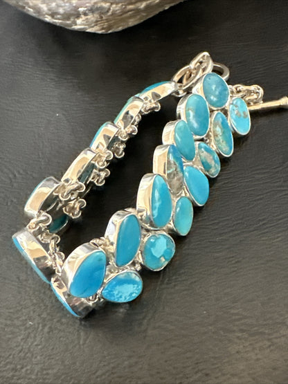 WoMen Blue Kingman Turquoise Sterling Silver Southwestern Link Bracelet 17974