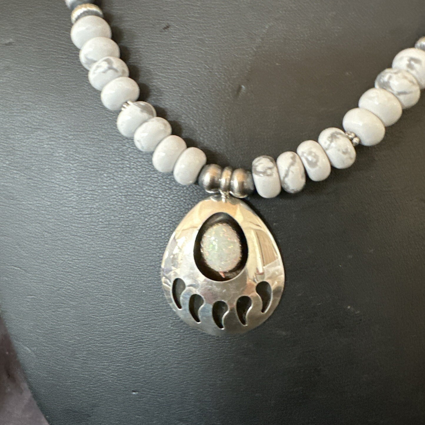 Mens White Opal BearPaw Pendant Navajo Howlite Sterling Silver Necklace 17884