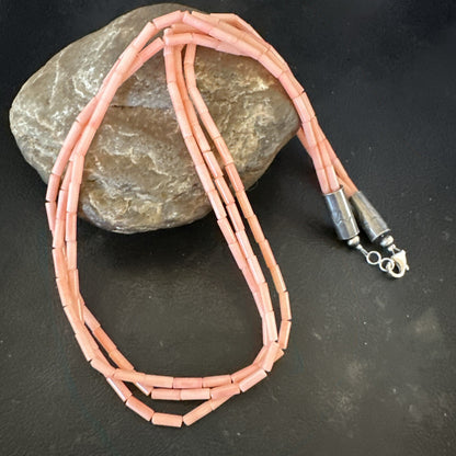 Native American Pink Coral Sterling Silver 3 Strand Necklace 21" 17817