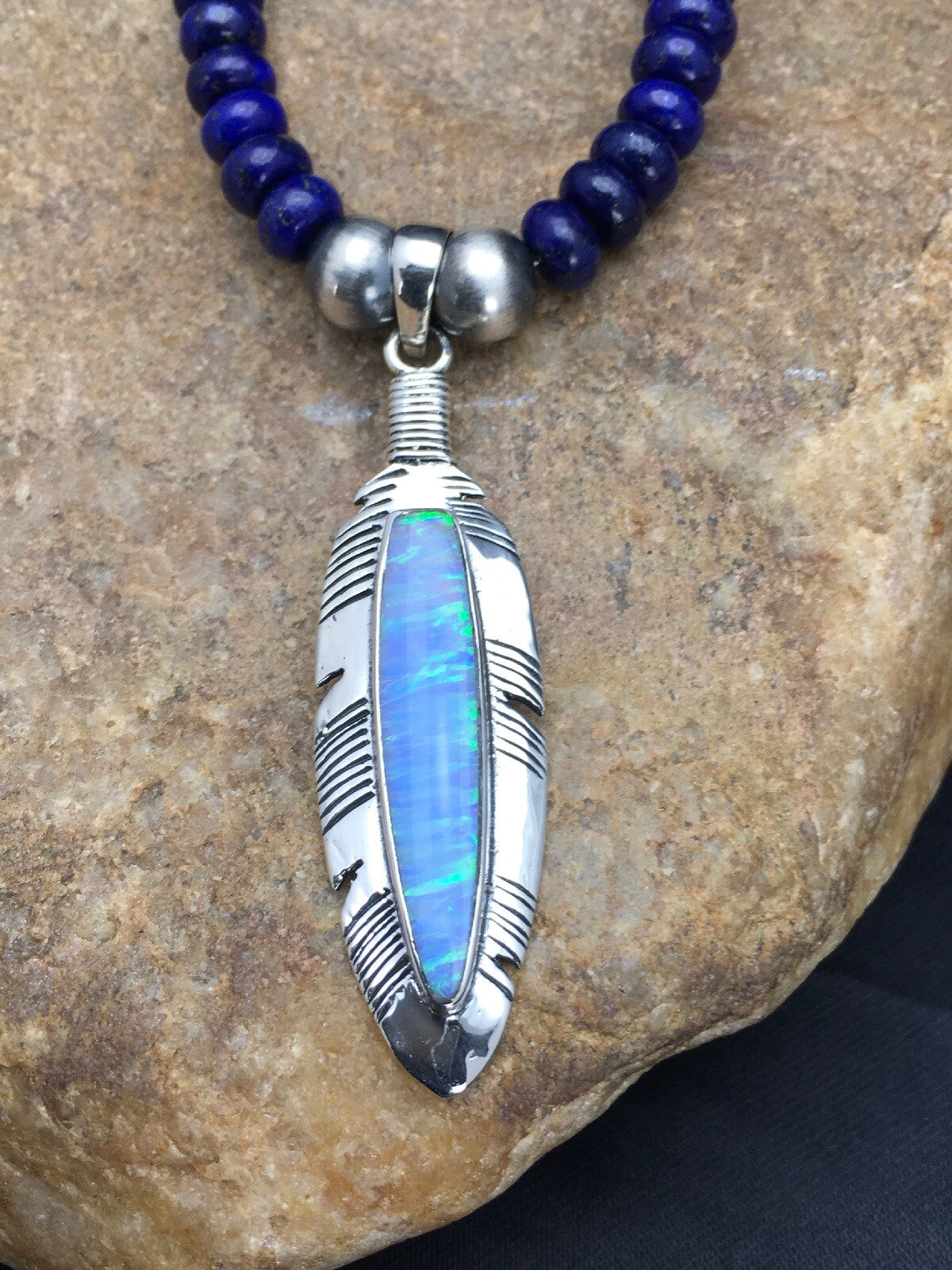 Opal Pendant Lapis Navajo Sterling Silver Beads Necklace & Earring 21" 02798