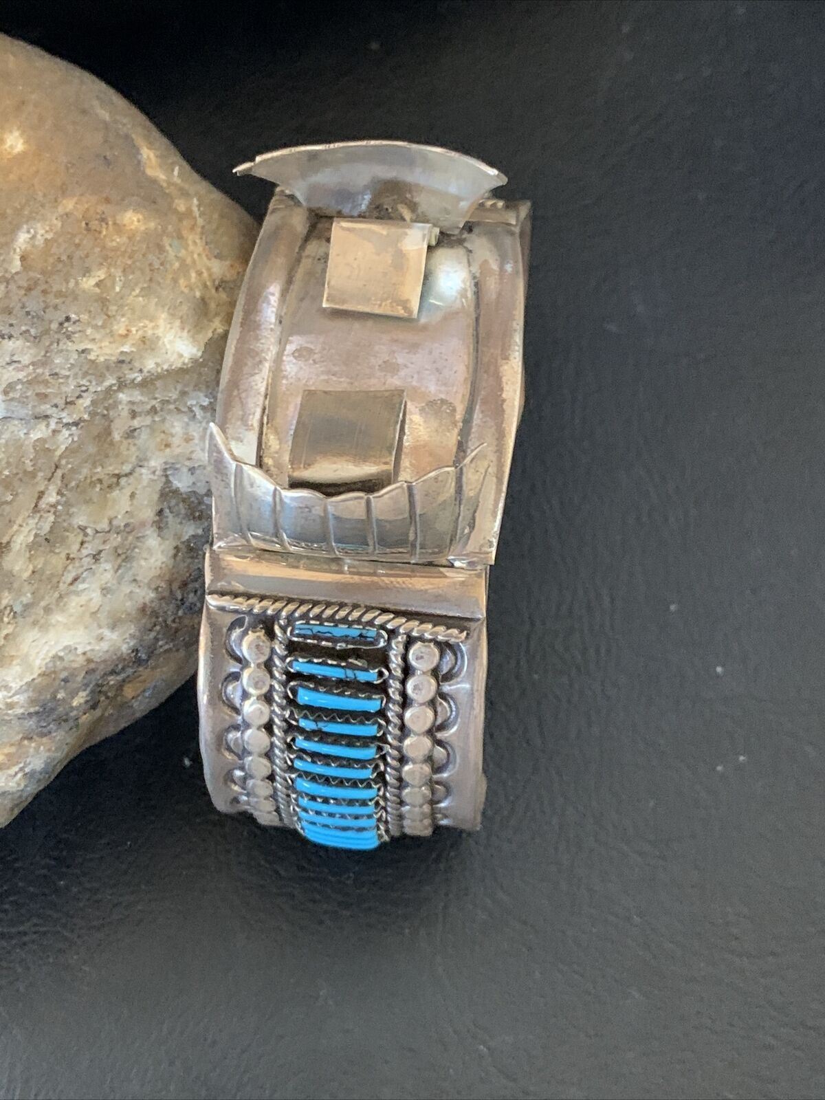 Mens Blue Turquoise Zuni Sterling Silver Inlay Cuff Watch Tips Bracelet 19033