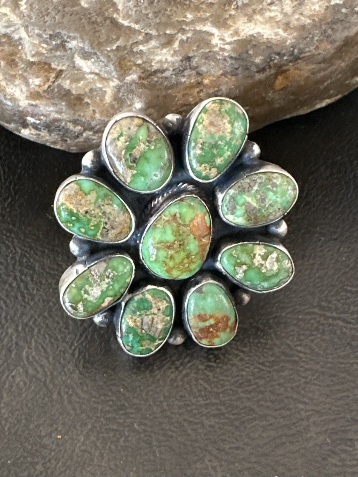 Navajo Sterling Silver Cluster Green Sonoran Gold Turquoise Ring Sz 8 18603