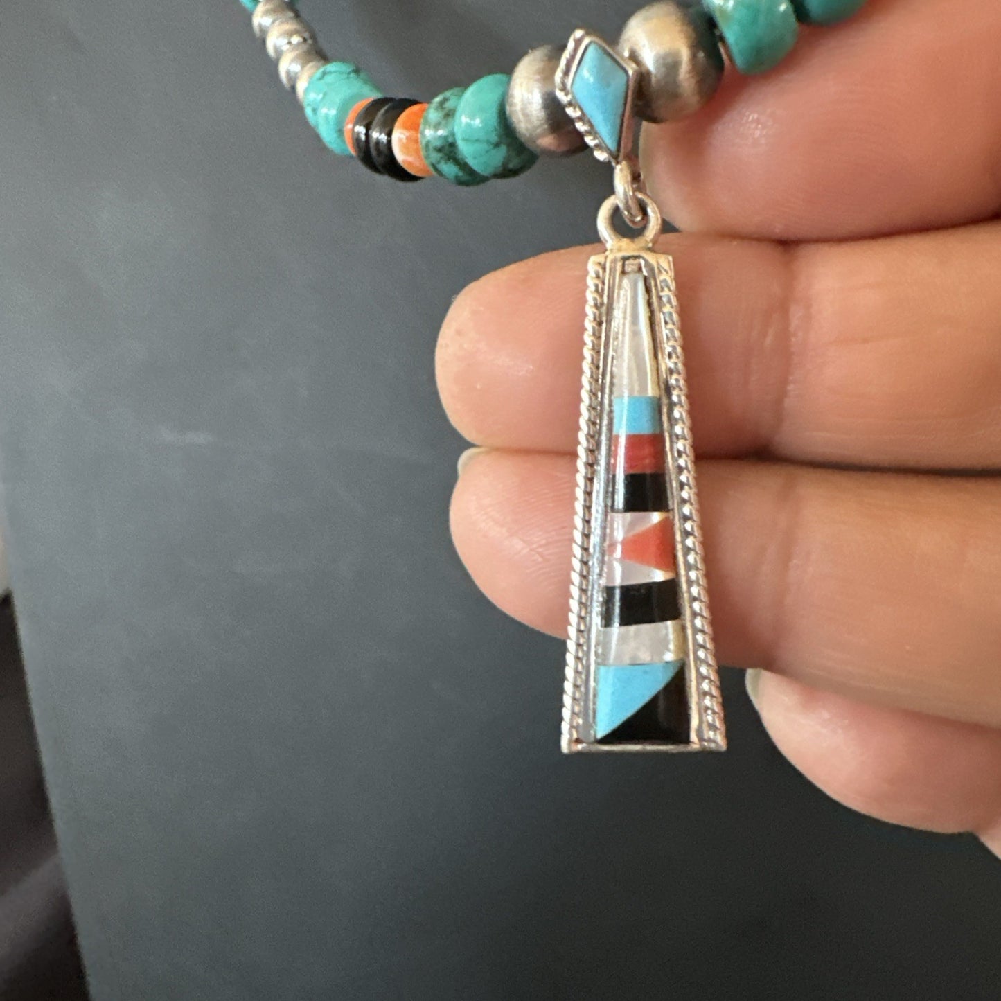 Multicolor Turquoise Spiny  Zuni Sterling Silver Inlay Pendant Necklace 19664