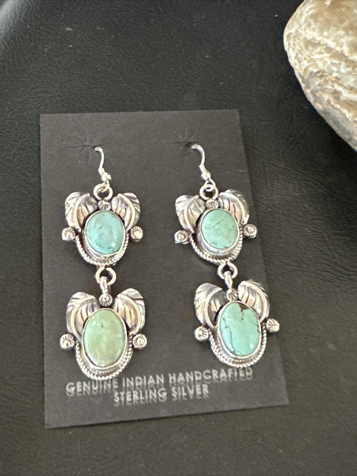 Native Navajo Blue Creek Turquoise Sterling Silver Dangle Earrings 2” 17918