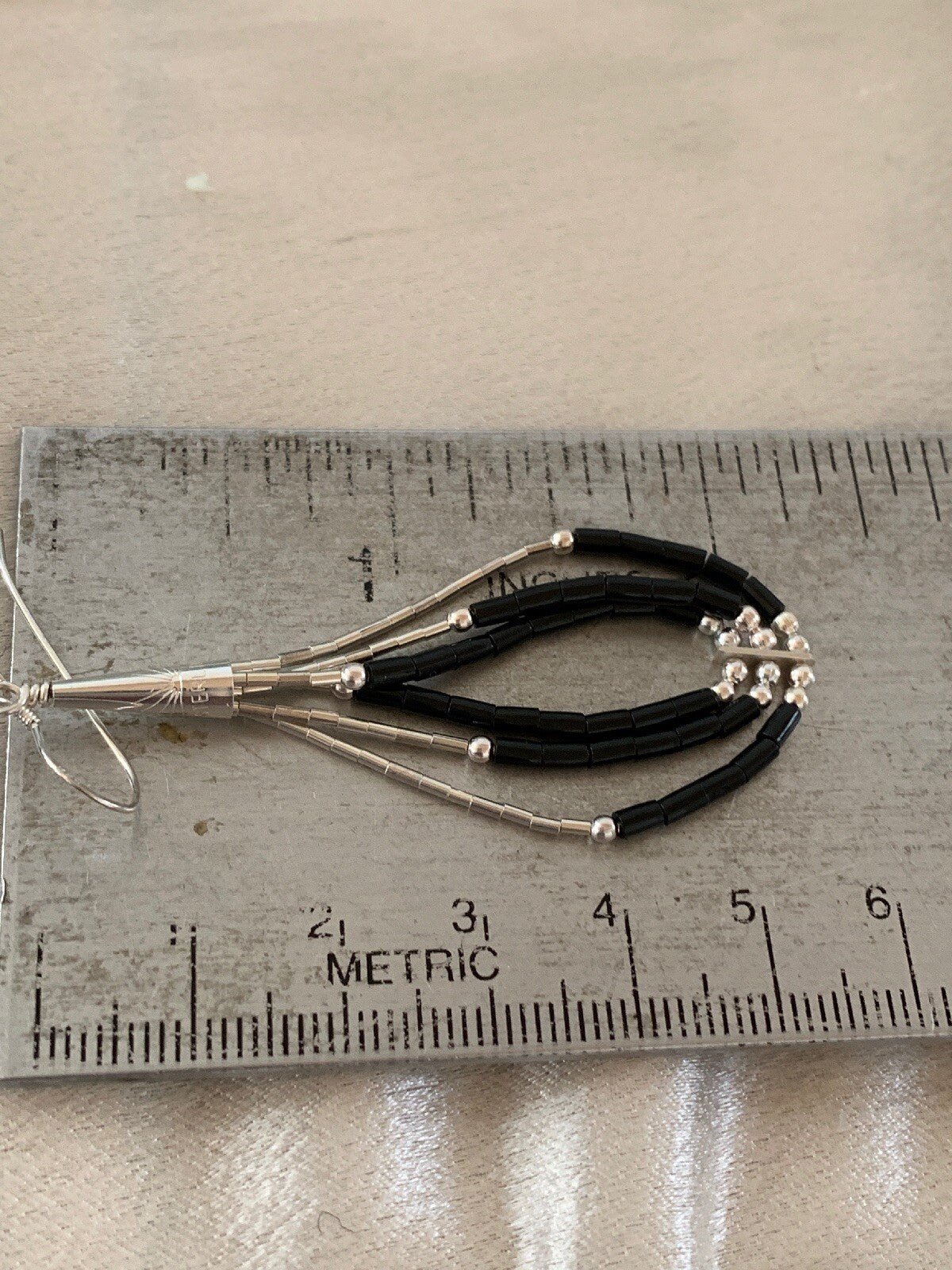 Handmade Native  Sterling Silver Heishi Black Onyx Dangle Earrings 2" 10054