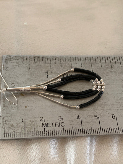Handmade Native  Sterling Silver Heishi Black Onyx Dangle Earrings 2" 10054