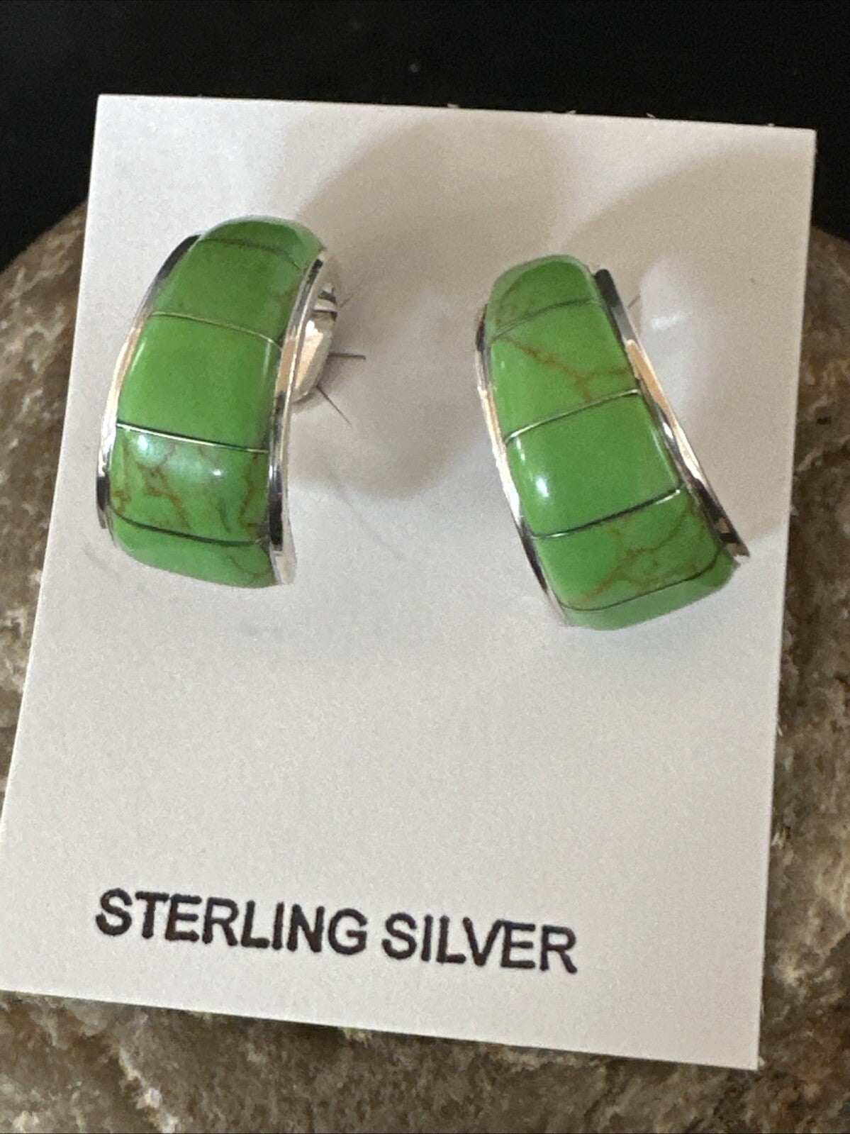 Southwestern Sterling Silver Green Gaspiete Inlay Earrings 1” 16741