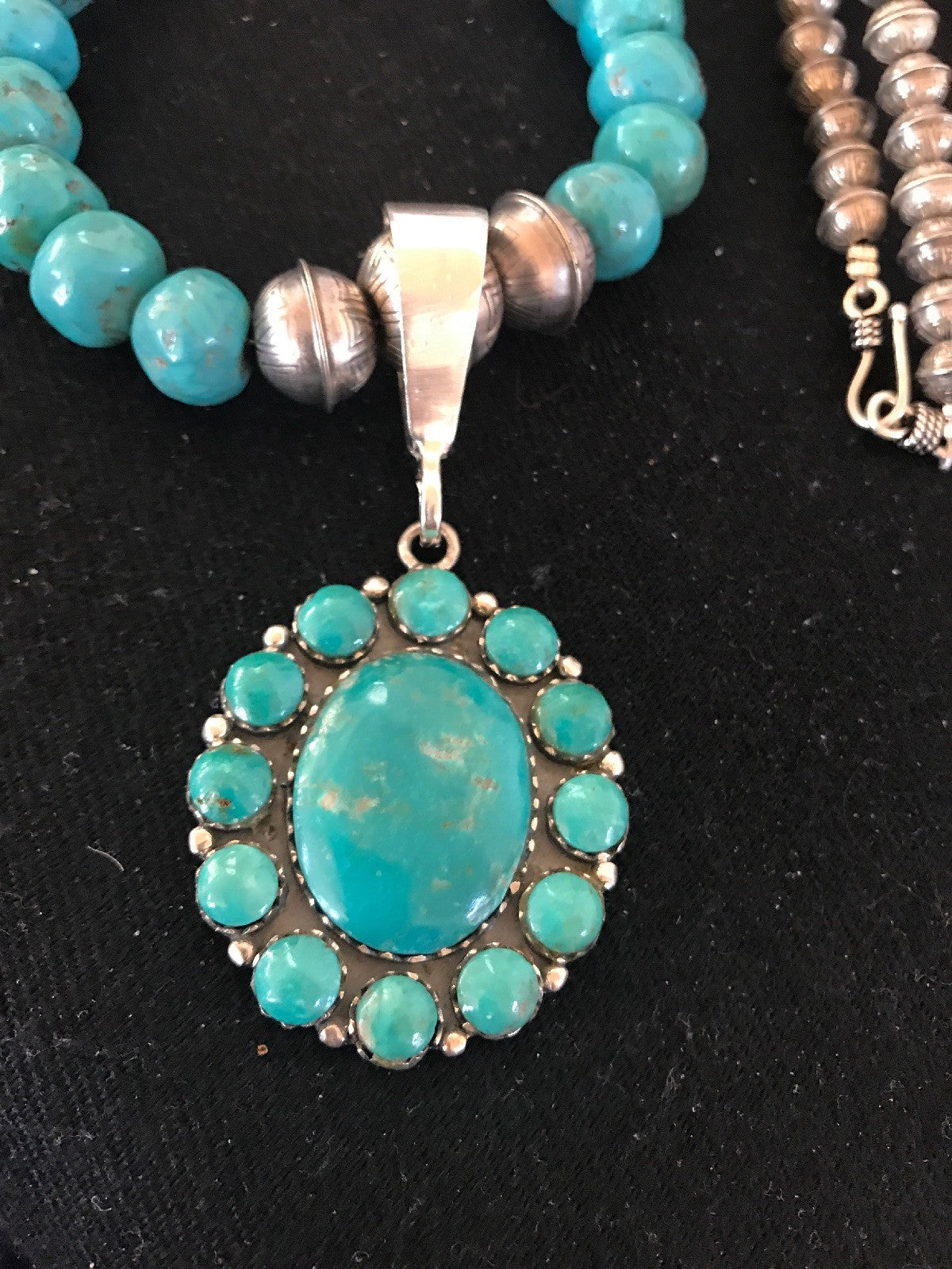 Navajo Pearls Kingman Beads Turquoise Sterling Silver Necklace Pendant 01223