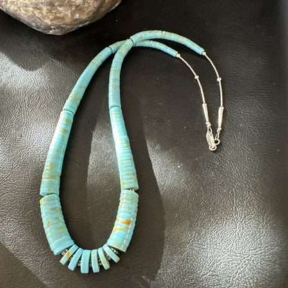 23” Turquoise Heishi Stabilized Graduated Blue Gr Sterling Silver Necklace 19726