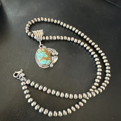 Mens Blue Turquoise#8 Pendant Navajo Sterling Silver Necklace 18086