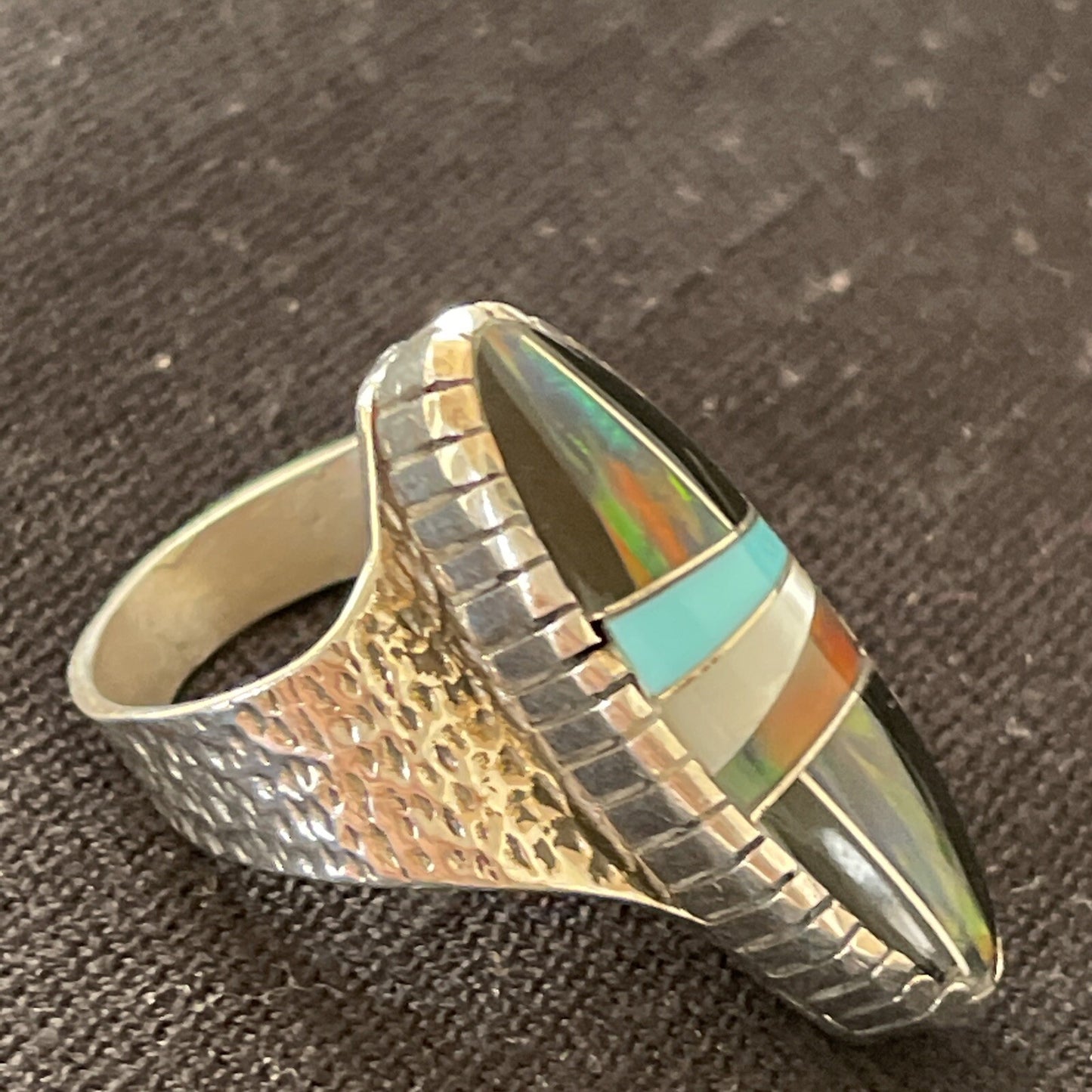 Navajo Multi-Color Opal & Turquoise Inlay Sterling Silver Ring Size 7 01584