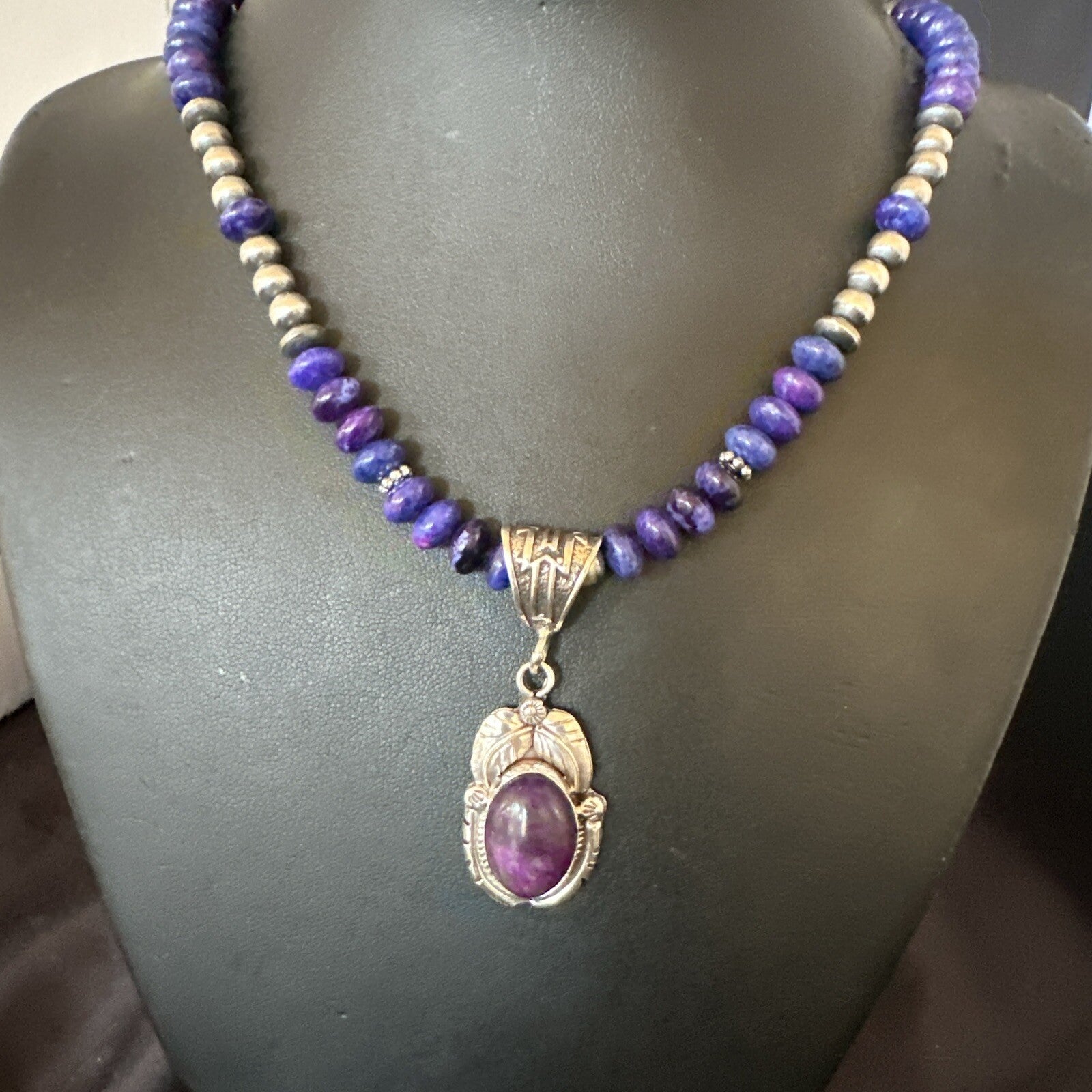 Purple Stone Pendant Navajo Pearls Sterling Silver Necklace 21” 18034