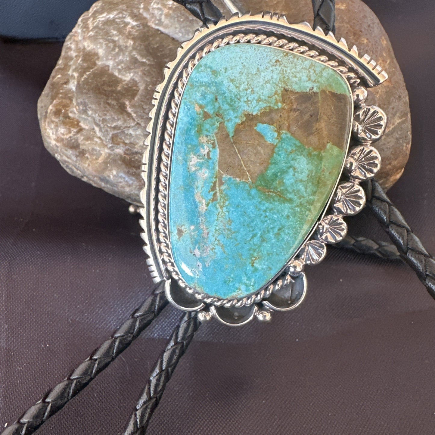 Native Mens Blue Green Royston Turquoise Bolo Tie Sterling Silver Navajo 19594