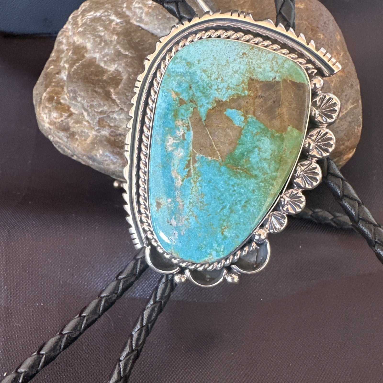 Native Mens Blue Green Royston Turquoise Bolo Tie Sterling Silver Navajo 19594